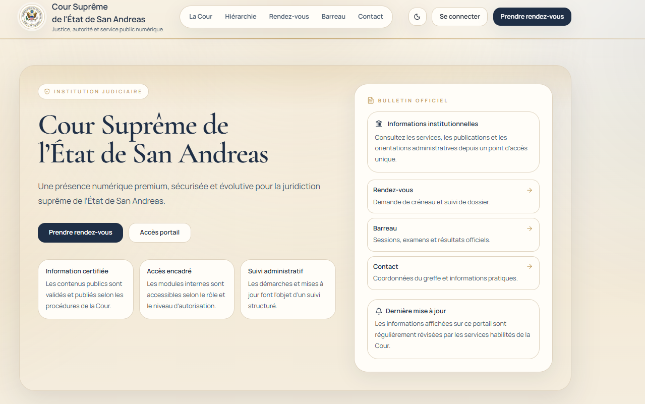Cour SA — Plateforme institutionnelle sécurisée &amp;amp; portail Barreau